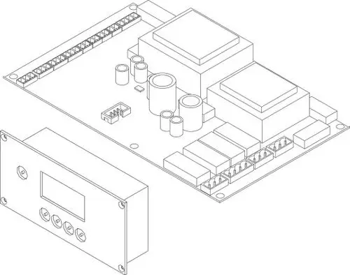 Schaltkreis mit mehreren Bauteilen, darunter transformatorähnliche Elemente und Anschlussstecker. Bosch-Steuerungsset mit Bedienfeld und Display für die Nutzerinteraktion.